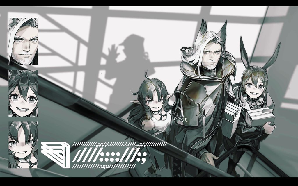 1boy 2girls amiya_(arknights) animal_ears arknights beard book closed_mouth doctor_(arknights) facial_hair greyscale hair_between_eyes hellagur_(arknights) holding holding_book long_hair looking_at_viewer monochrome multiple_girls myrtle_(arknights) oaza open_mouth pointy_ears rabbit_ears short_hair waving zoom_layer
