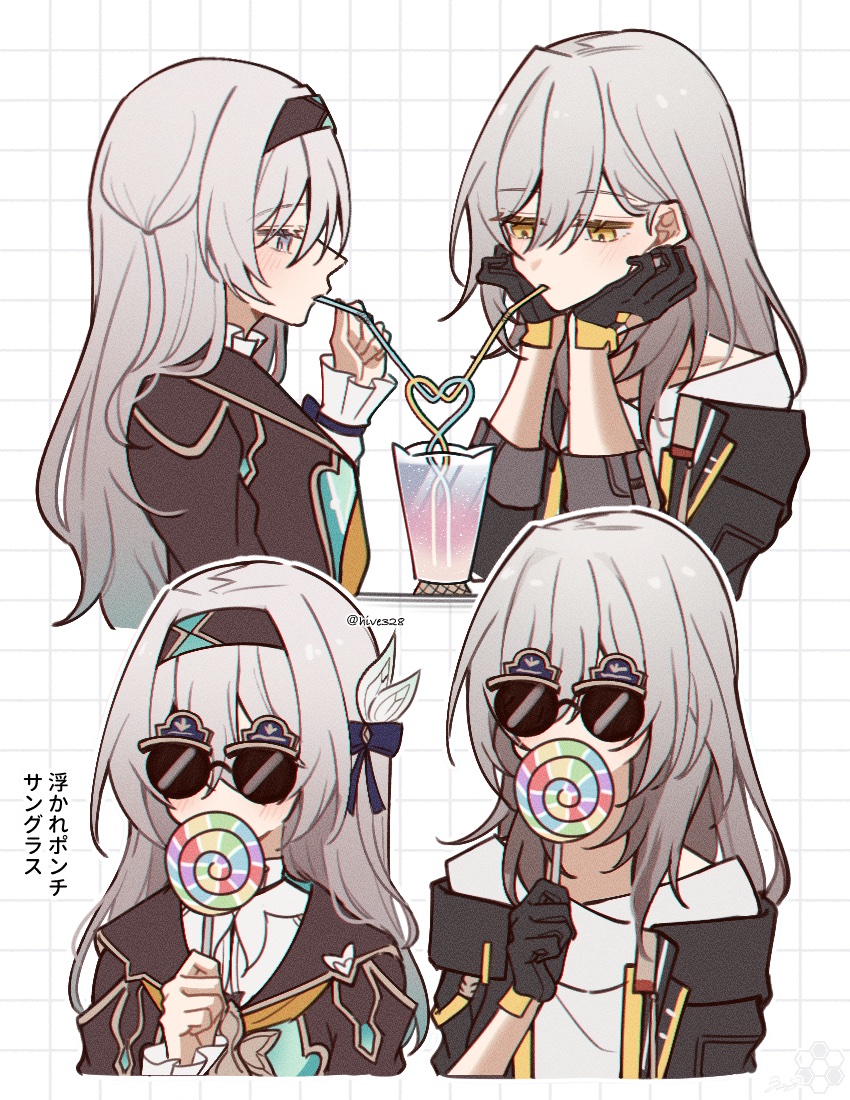 2girls black_coat black_gloves black_hairband candy coat crazy_straw drinking_straw firefly_(honkai:_star_rail) food gloves grey_eyes grey_hair grid_background hairband head_rest heart_straw hive328 holding holding_candy holding_food holding_lollipop honkai:_star_rail honkai_(series) lollipop long_hair multiple_girls multiple_views shared_drink shirt stelle_(honkai:_star_rail) sunglasses trailblazer_(honkai:_star_rail) translation_request twitter_username white_shirt yellow_eyes yuri