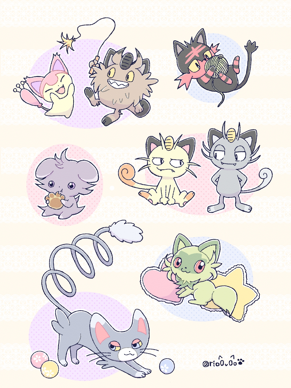 alolan_form alolan_meowth cat_teaser closed_mouth eating espurr fang full_body galarian_form galarian_meowth gen_1_pokemon gen_3_pokemon gen_4_pokemon gen_6_pokemon gen_7_pokemon gen_8_pokemon glameow heart heart-shaped_pillow highres litten meowth nintendo no_humans open_mouth pillow pink_eyes pokemon pokemon_(creature) rio_(rio0v0o) skitty sprigatito star-shaped_pillow yarn yarn_ball yellow_eyes