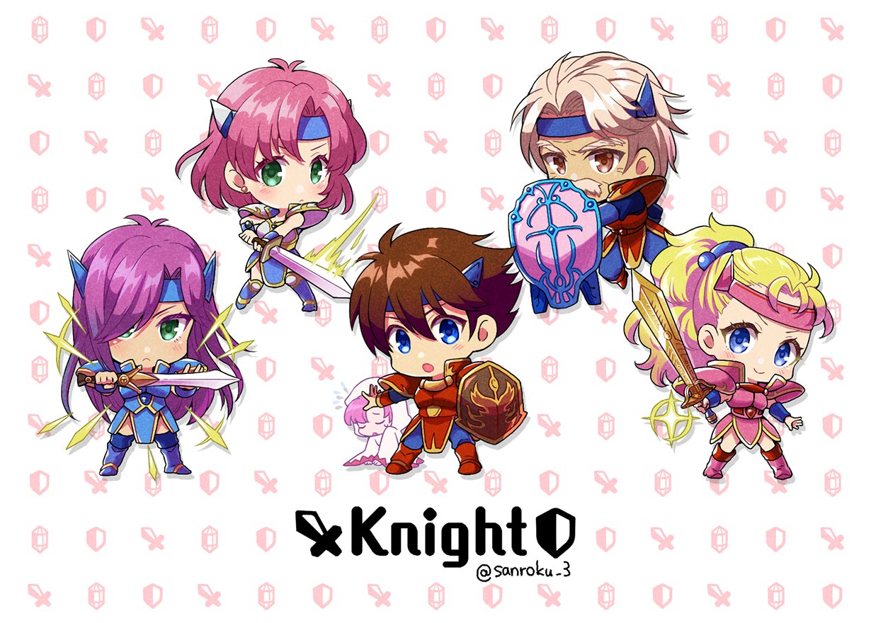 2boys 3girls armor bartz_klauser blonde_hair blue_eyes blue_footwear blue_headband boots brown_eyes brown_hair chibi facial_hair faris_scherwiz final_fantasy final_fantasy_v galuf_halm_baldesion grandfather_and_granddaughter green_eyes hair_bobbles hair_ornament hair_over_one_eye headband holding holding_shield holding_sword holding_weapon knight krile_mayer_baldesion_(ff5) lenna_charlotte_tycoon light_blush long_hair looking_at_viewer motion_lines multiple_boys multiple_girls mustache old old_man open_mouth parted_bangs pink_boots pink_hair ponytail purple_hair red_armor red_footwear sanroku_3 shield short_hair shoulder_armor smile sparkle sword twitter_username weapon white_hair white_mage_(final_fantasy)
