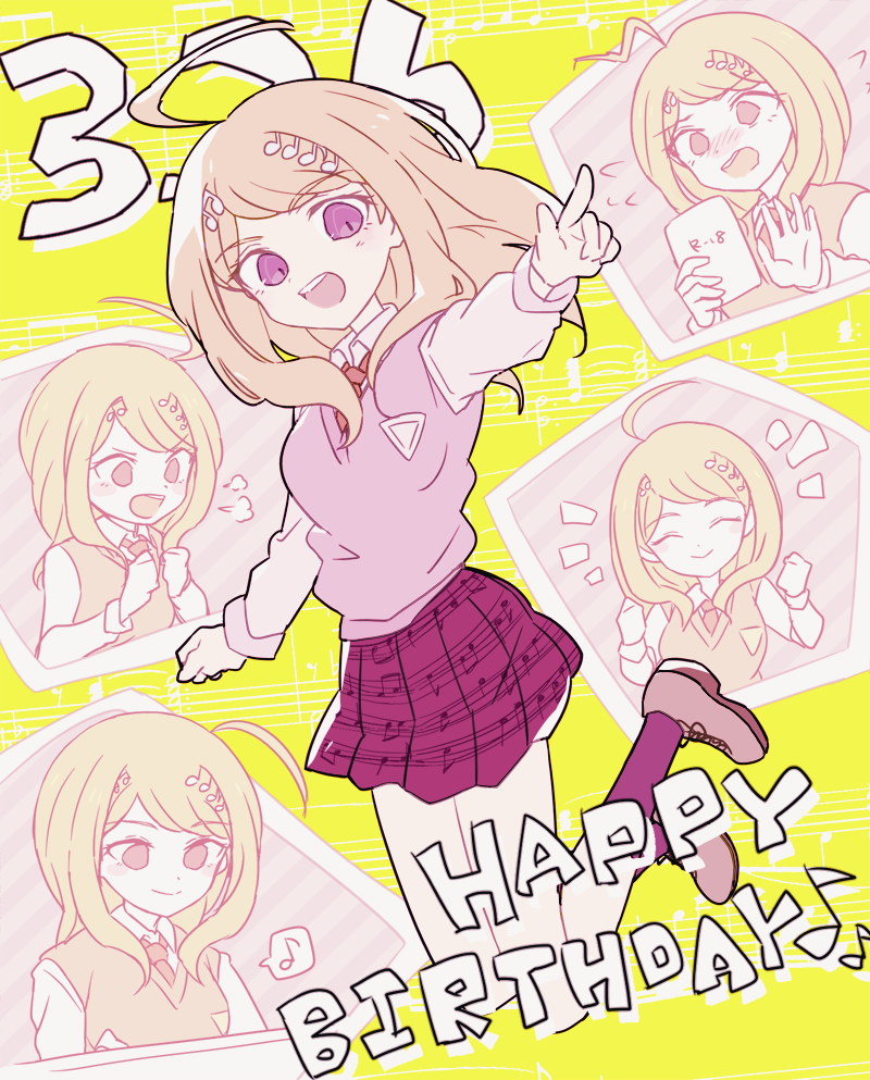 1girl ^_^ ahoge akamatsu_kaede blonde_hair blush brown_footwear clenched_hands closed_eyes closed_mouth collared_shirt commentary_request cross-laced_footwear danganronpa_(series) danganronpa_v3:_killing_harmony dated embarrassed english_text excited eyelashes flying_sweatdrops fortissimo full_body hair_ornament happy happy_birthday holding holding_manga instrument kneehighs light_blush long_hair long_sleeves looking_at_viewer manga_(object) miniskirt multiple_views music musical_note musical_note_background musical_note_hair_ornament musical_note_print necktie notice_lines open_mouth orange_necktie palms pink_vest playing_instrument playing_piano pleated_skirt pointing pointing_at_viewer pornography puff_of_air purple_eyes purple_skirt purple_socks ruri_(2620981) shirt shoes skirt smile socks spoken_musical_note teeth upper_body upper_teeth_only v-neck vest white_shirt yellow_background