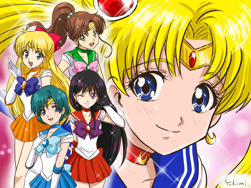 5girls :d aino_minako bishoujo_senshi_sailor_moon black_hair blonde_hair blue_bow blue_eyes blue_hair blue_sailor_collar blue_skirt bow brooch brown_hair choker crescent crescent_earrings earrings elbow_gloves gloves green_eyes hair_bobbles hair_bow hair_bun hair_ornament half_updo hand_on_own_chest high_ponytail hino_rei inner_senshi jewelry kino_makoto long_hair magical_girl mizuno_ami multiple_girls one_eye_closed open_mouth orange_skirt pink_bow pleated_skirt ponytail purple_bow purple_eyes red_bow red_skirt sailor_collar sailor_jupiter sailor_mars sailor_mercury sailor_moon sailor_senshi sailor_venus short_hair signature single_hair_bun skirt smile sparkle tiara tsukino_usagi twintails white_gloves yukimi_(kurumi-no-naruki)