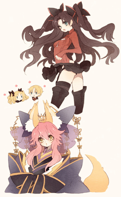10s 1boy 2girls animal_ears black_hair black_legwear blonde_hair blue_eyes bow fate/extra fate_(series) fox_ears fox_tail garter_straps guilty hair_bow hair_ribbon japanese_clothes kimono long_hair multiple_girls panties pink_hair ribbon tail tamamo_no_mae_(fate) thighhighs tohsaka_rin tohsaka_rin_(fate/extra) tohsaka_rin_(true_appearance)_(fate/extra) tohsaka_tokiomi tsumi_guilty two_side_up underwear upskirt yellow_eyes