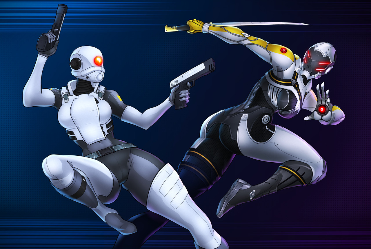 2girls arm_cannon armored_bodysuit ass battle black_bodysuit bodysuit breasts cerberus_phantom combine_assassin commentary crossover dual_wielding english_commentary finger_on_trigger glowing glowing_eyes gradient_background gun half-life half-life_(series) half-life_2 handgun helmet holding large_breasts mass_effect_(series) mass_effect_3 multiple_girls ninjatou one-eyed red_eyes reverse_grip running short_sword spacemaxmarine sword trait_connection weapon
