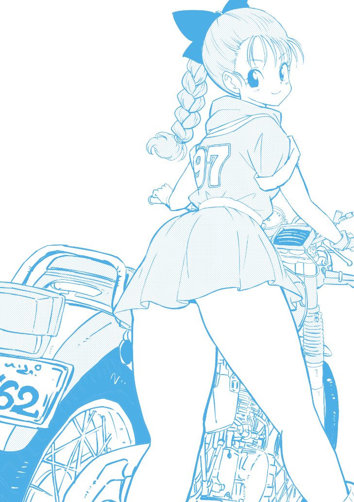 1girl ass bow braid braided_ponytail bulma closed_mouth dragon_ball dragon_ball_(classic) greyscale hair_bow kajino_(aosansai) long_hair looking_at_viewer monochrome motor_vehicle motorcycle simple_background skirt smile solo white_background