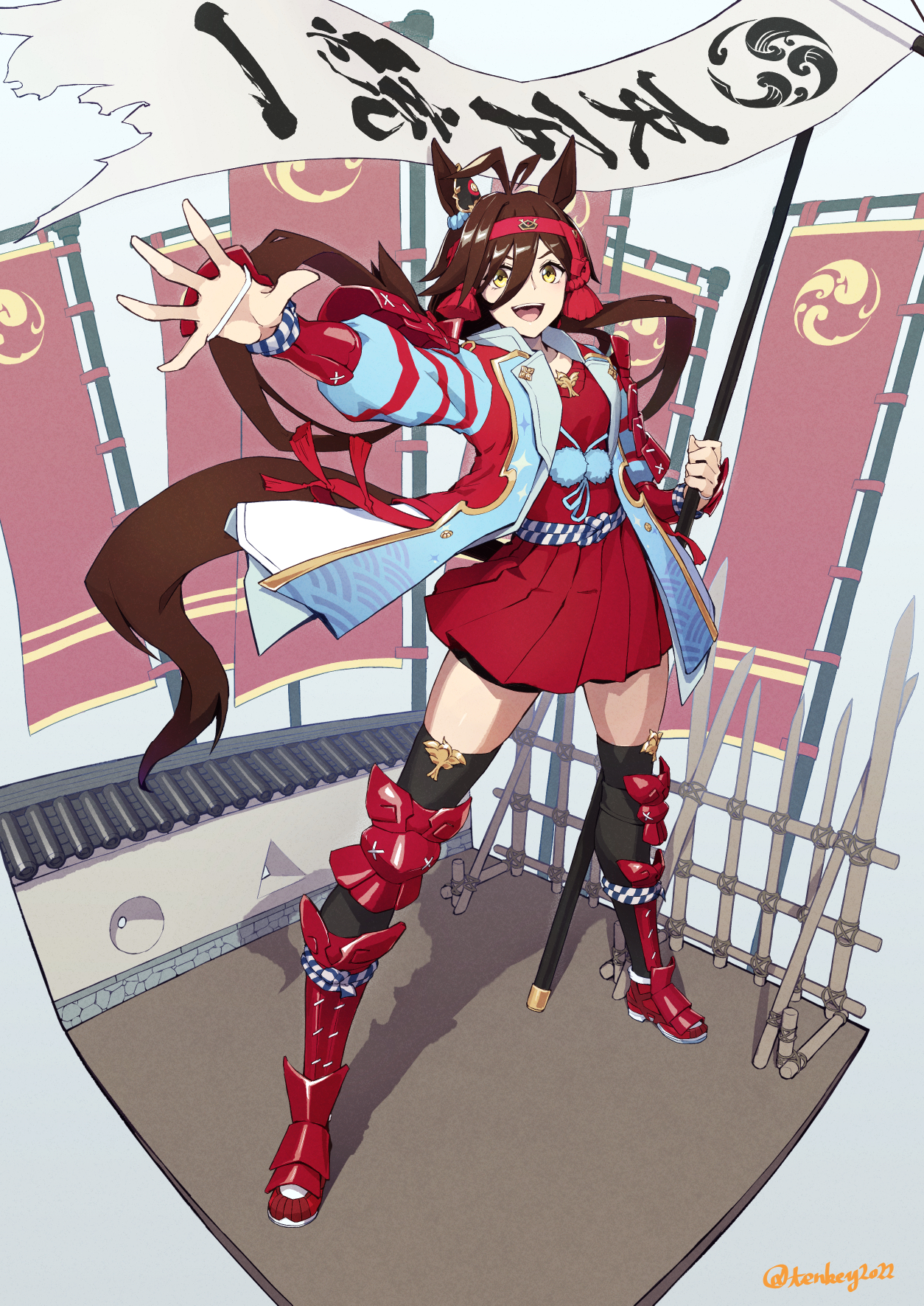 1girl animal_ears antenna_hair armor banner brown_eyes brown_hair collarbone fence full_body grin hair_between_eyes hair_ornament headband highres horse_ears horse_girl horse_tail jacket japanese_armor jinbaori long_hair looking_at_viewer low_twintails miniskirt no_reason_(umamusume) pleated_skirt red_skirt shoes signature skirt smile solo standing tail tenkey2022 thighhighs twintails umamusume white_background yellow_eyes