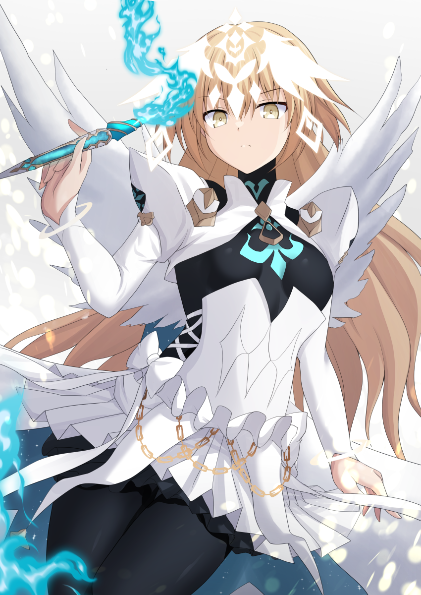 1girl angel_wings black_pantyhose blonde_hair bracelet breasts bridal_gauntlets cross_(crossryou) dress fate/grand_order fate_(series) feathered_wings grey_eyes headpiece highres jeanne_d&#039;arc_(fate) jewelry juliet_sleeves large_breasts long_hair long_sleeves looking_at_viewer metatron_jeanne_(fate) metatron_jeanne_(third_ascension)_(fate) multiple_wings pantyhose puffy_sleeves solo thighs white_dress wings