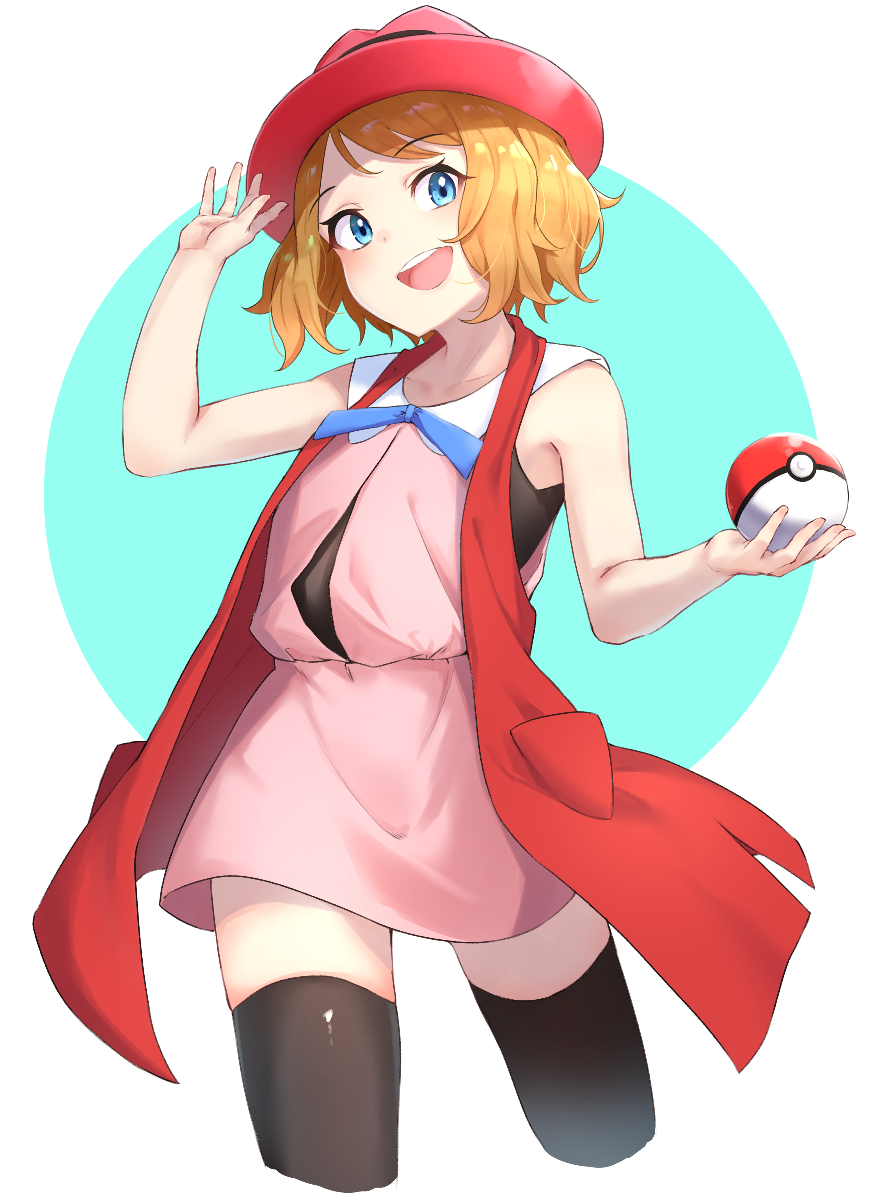 1girl absurdres adjusting_clothes adjusting_headwear aqua_background bare_arms black_thighhighs blue_eyes commentary_request creatures_(company) cropped_legs dress game_freak hat highres holding holding_poke_ball jacket long_hair m.tokotsu nintendo open_mouth orange_hair pink_dress poke_ball pokemon pokemon_(anime) pokemon_xy_(anime) red_hat red_jacket serena_(pokemon) short_hair sleeveless sleeveless_dress sleeveless_jacket smile solo standing teeth thighhighs two-tone_background upper_teeth_only white_background