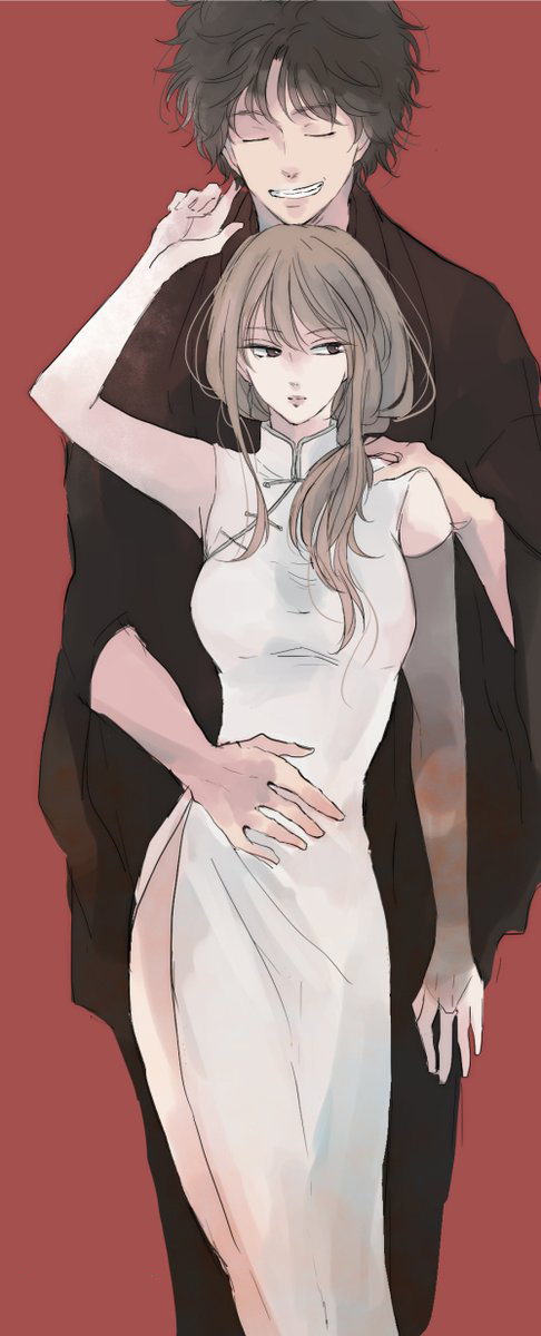 1boy 1girl blonde_hair chinese_clothes gintama highres japanese_clothes long_hair mutsu_(gintama) sakamoto_tatsuma simple_background smile