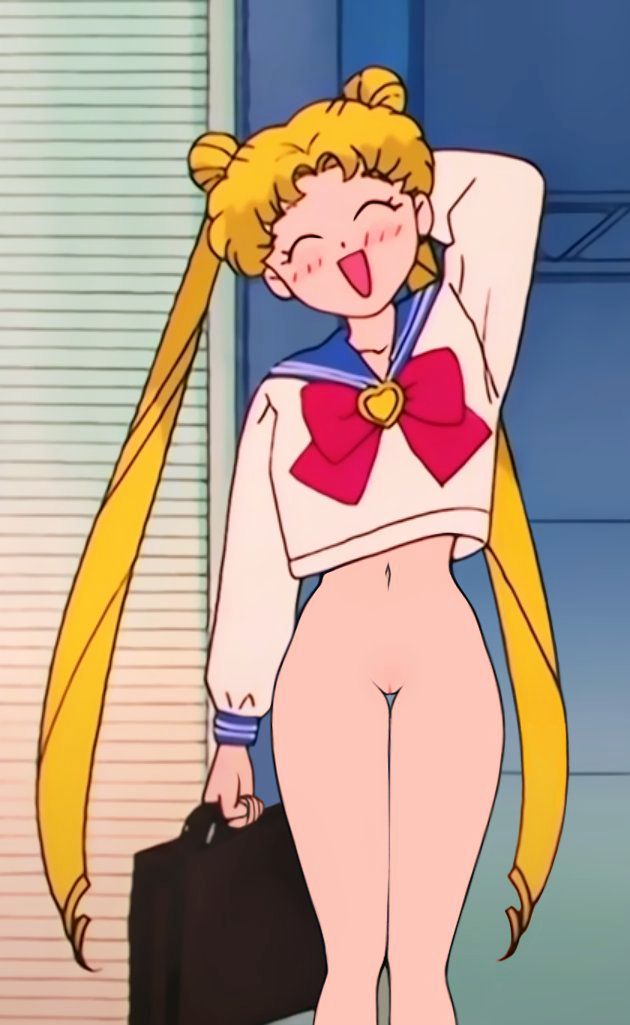 1girl bishoujo_senshi_sailor_moon blonde_hair blush bottomless closed_eyes holding long_hair navel nude_filter open_mouth pussy sailor_moon scratching_head standing suitcase third-party_edit tsukino_usagi twintails