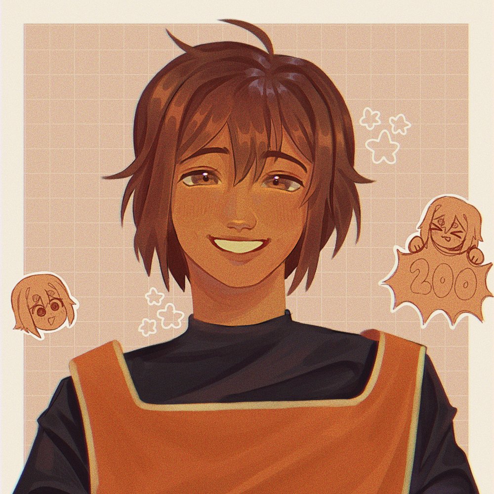 1boy :d arms_at_sides black_shirt border brown_background brown_eyes brown_hair chromatic_aberration commentary dark-skinned_male dark_skin double-parted_bangs elisstarrr english_commentary film_grain grey_border grid_background grin hair_between_eyes kel_(faraway)_(omori) kel_(omori) lips looking_at_viewer male_focus milestone_celebration omori open_mouth orange_tank_top outline outside_border shirt simple_background smile star_(symbol) straight-on tank_top upper_body white_outline white_trim