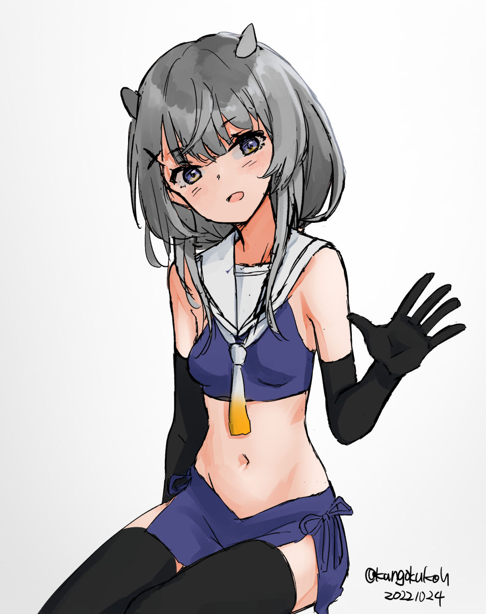1girl black_gloves black_thighhighs blue_skirt crop_top dated fake_horns gloves grey_eyes grey_hair highres horns i-201_(kancolle) kangoku_kou kantai_collection long_hair looking_at_viewer midriff navel neckerchief one-hour_drawing_challenge rudder_footwear sailor_collar simple_background skirt smile solo thighhighs twitter_username waving white_neckerchief white_sailor_collar