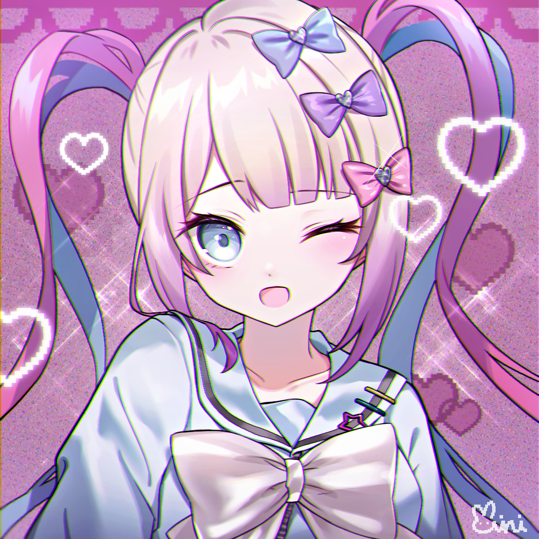 1girl ;d blue_bow blue_eyes blue_hair blue_sailor_collar blue_shirt bow brown_hair chouzetsusaikawa_tenshi-chan danby_merong hair_bow heart looking_at_viewer multicolored_hair needy_girl_overdose one_eye_closed open_mouth pink_bow pink_hair pixelated purple_bow sailor_collar school_uniform serafuku shirt signature smile solo twintails two-tone_hair upper_body white_bow