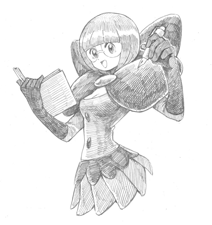 1girl :d blunt_bangs bob_cut book breasts cleavage elbow_gloves elite_four female_focus game_freak gloves greyscale hands_up holding holding_book holding_pen image_sample long_sleeves medium_breasts miniskirt monochrome naver_sample nintendo nutkingcall open_book open_mouth pen pleated_skirt pokemon pokemon_bw round_eyewear shauntal_(pokemon) short_hair simple_background skirt smile solo tongue white_background