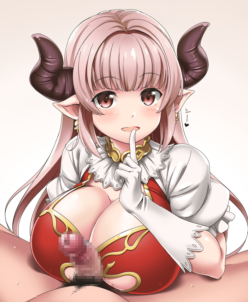 1boy 1girl alicia_(granblue_fantasy) blunt_bangs blush breasts brown_eyes brown_hair censored cleavage draph earrings finger_to_mouth frilled_sleeves frills gloves gradient_background granblue_fantasy heart hetero horns jewelry large_breasts long_hair male_pubic_hair mosaic_censoring parted_lips penis pointy_ears pubic_hair puffy_short_sleeves puffy_sleeves short_sleeves spread_legs sweat white_gloves youkan