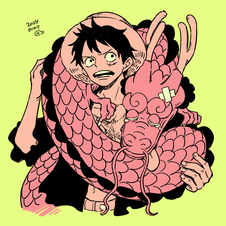 2boys age_difference alternate_form bandaid belt black_gloves black_hair closed_eyes commentary_request cropped_torso crying dated dragon dragon_horns facial_scar gloves green_background hat hatch_(8cco) horns kouzuki_momonosuke looking_to_the_side looking_up male_focus matching_hair/eyes monkey_d._luffy multiple_boys nose one_piece open_clothes open_mouth open_shirt scar scar_on_cheek scar_on_chest scar_on_face shirt short_hair simple_background straw_hat teeth tongue tongue_out upper_body v-shaped_eyebrows yellow_background