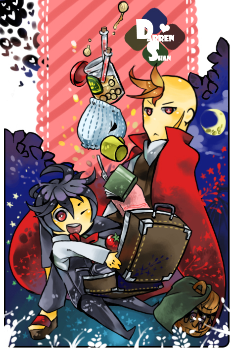 2boys black_hair black_jacket bug cage cape chibi darren_shan holding holding_suitcase jacket jar larten_crepsley madam_octa melay_(khrssc) multiple_boys onion orange_hair red_cape red_eyes sandals scar scar_on_face short_hair smile spider suitcase the_saga_of_darren_shan tomato vest