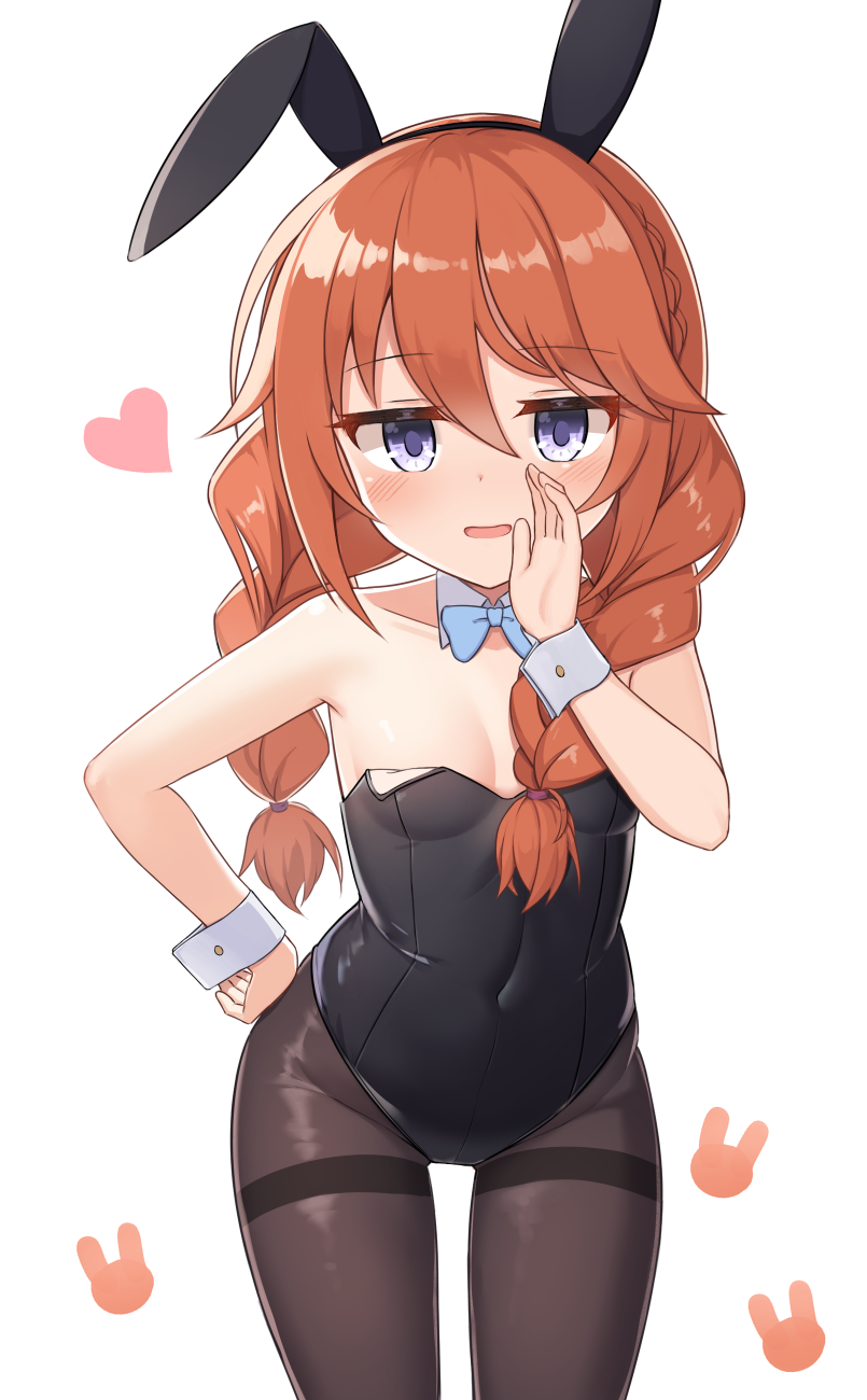 1girl animal_ears bare_shoulders black_hairband black_leotard blush braid breasts brown_hair brown_pantyhose commentary_request covered_navel fake_animal_ears ginka_(gink_a) hair_between_eyes hair_over_shoulder hairband hand_on_own_hip hand_to_own_mouth hand_up heart highres leaning_forward leotard li long_hair looking_at_viewer pantyhose parted_lips playboy_bunny princess_connect! purple_eyes rabbit_ears simple_background small_breasts smile solo strapless strapless_leotard thighband_pantyhose twin_braids white_background wrist_cuffs yuni_(princess_connect!)