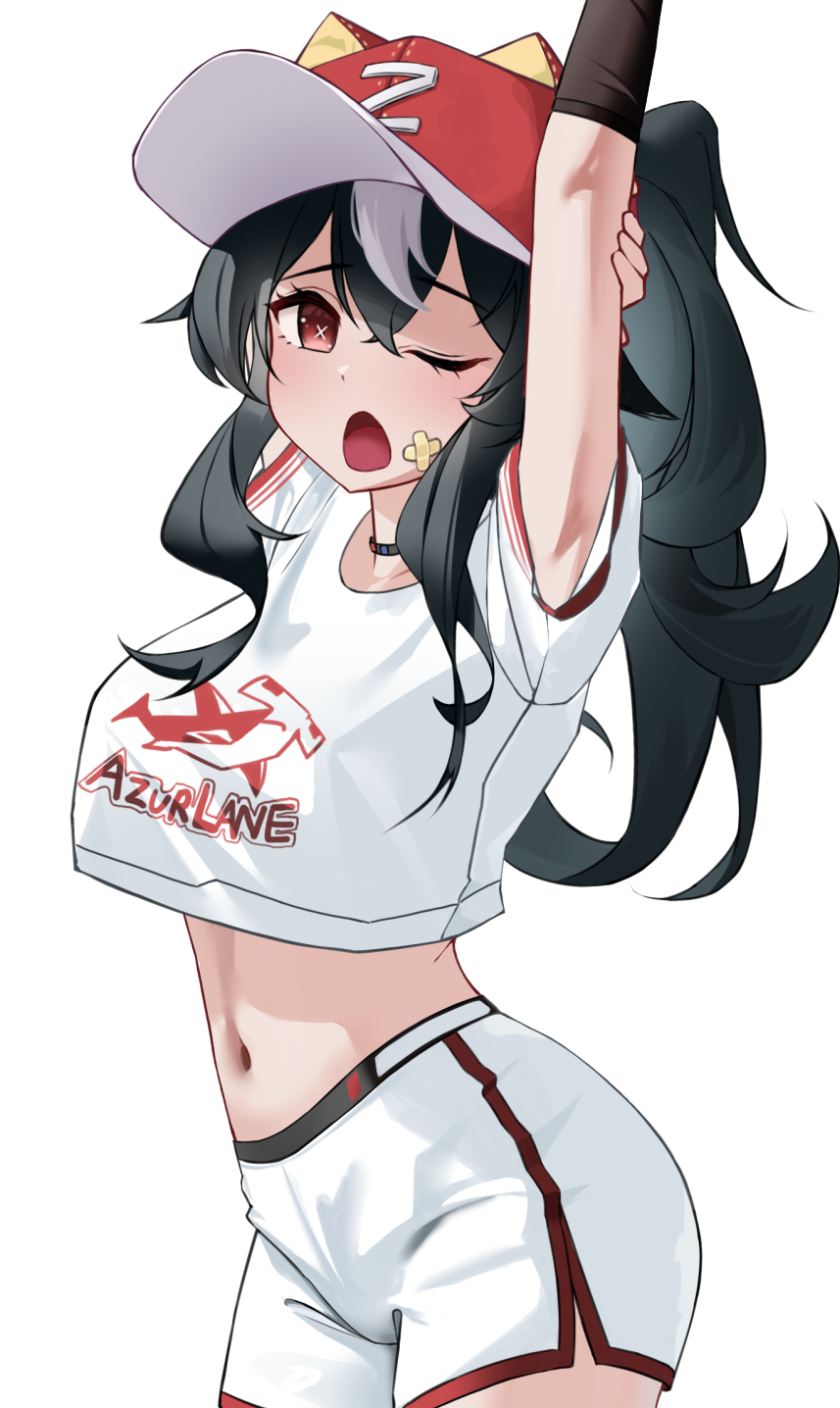 1girl animal_ear_headwear arm_behind_head arms_up azur_lane bandaid bandaid_on_cheek bandaid_on_face baseball_cap baseball_uniform black_hair breasts commentary commission crop_top crop_top_overhang cropped_shirt crossed_bandaids curvy fake_animal_ears hair_between_eyes hat highres long_hair looking_at_viewer multicolored_hair navel official_alternate_costume official_alternate_hairstyle one_eye_closed open_mouth pixiv_commission red_eyes red_hat shirt shorts simple_background solo sportswear streaked_hair stretching symbol-shaped_pupils two-tone_hair white_background white_hair white_shirt white_shorts wynnblue x-shaped_pupils z16_(azur_lane) z16_(guaranteed_grand_slam)_(azur_lane)