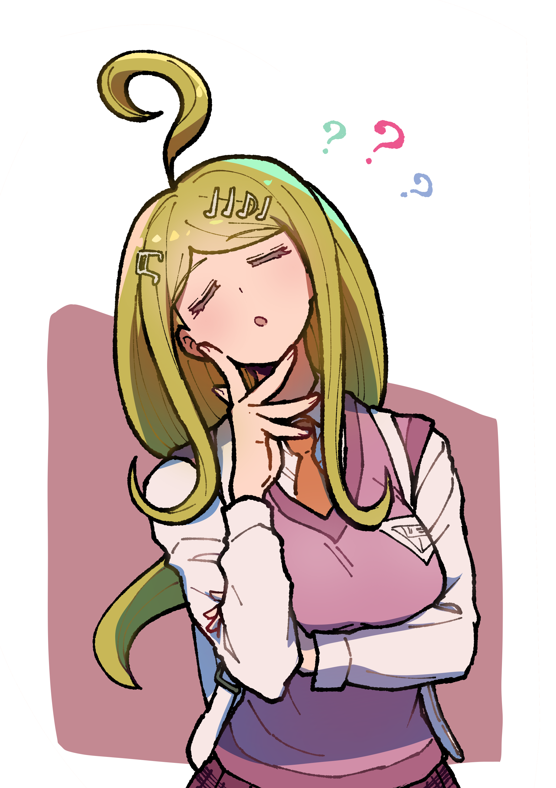 1girl :o ? absurdres ahoge akamatsu_kaede breasts closed_eyes collared_shirt danganronpa_(series) danganronpa_v3:_killing_harmony hand_up highres large_breasts long_sleeves necktie orange_necktie pink_background pink_sweater_vest shirt simple_background sweater_vest upper_body white_background white_shirt youko-shima