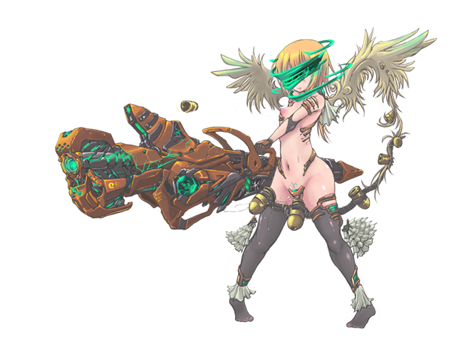 1girl ammunition_belt angel angel_wings bare_shoulders black_thighhighs breasts closed_mouth expressionless feathered_wings game_cg green_eyes green_halo green_visor hair_between_eyes halo holding holding_weapon huge_weapon large_variant_set medium_hair mon-musu_quest! mon-musu_quest:_paradox navel no_shoes orange_hair pussy_juice sandalphon_(mon-musu_quest!) small_breasts standing thighhighs variant_set weapon wings xelvy