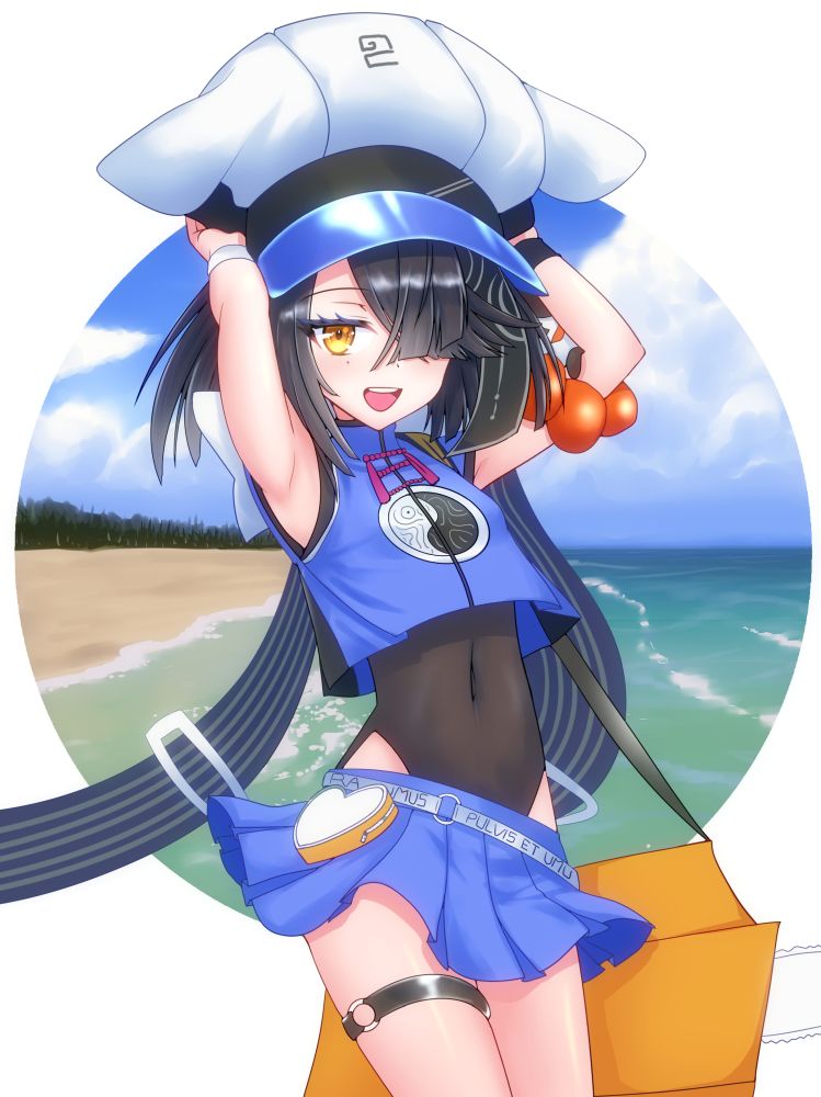 1girl armpits arms_behind_head arms_up bare_shoulders beach black_hair black_one-piece_swimsuit blue_shirt blue_skirt blue_sky blush breasts brown_eyes chainsaw covered_navel crop_top degudoga fate/grand_order fate_(series) hair_over_one_eye hat looking_at_viewer miniskirt mole mole_under_eye one-piece_swimsuit open_mouth outdoors shirt shore short_hair skirt sky sleeveless sleeveless_shirt small_breasts smile solo swimsuit swimsuit_under_clothes thigh_strap thighs water white_hat wristband xu_fu_(fate) xu_fu_(swimsuit_avenger)_(first_ascension)_(fate) yin_yang yin_yang_print