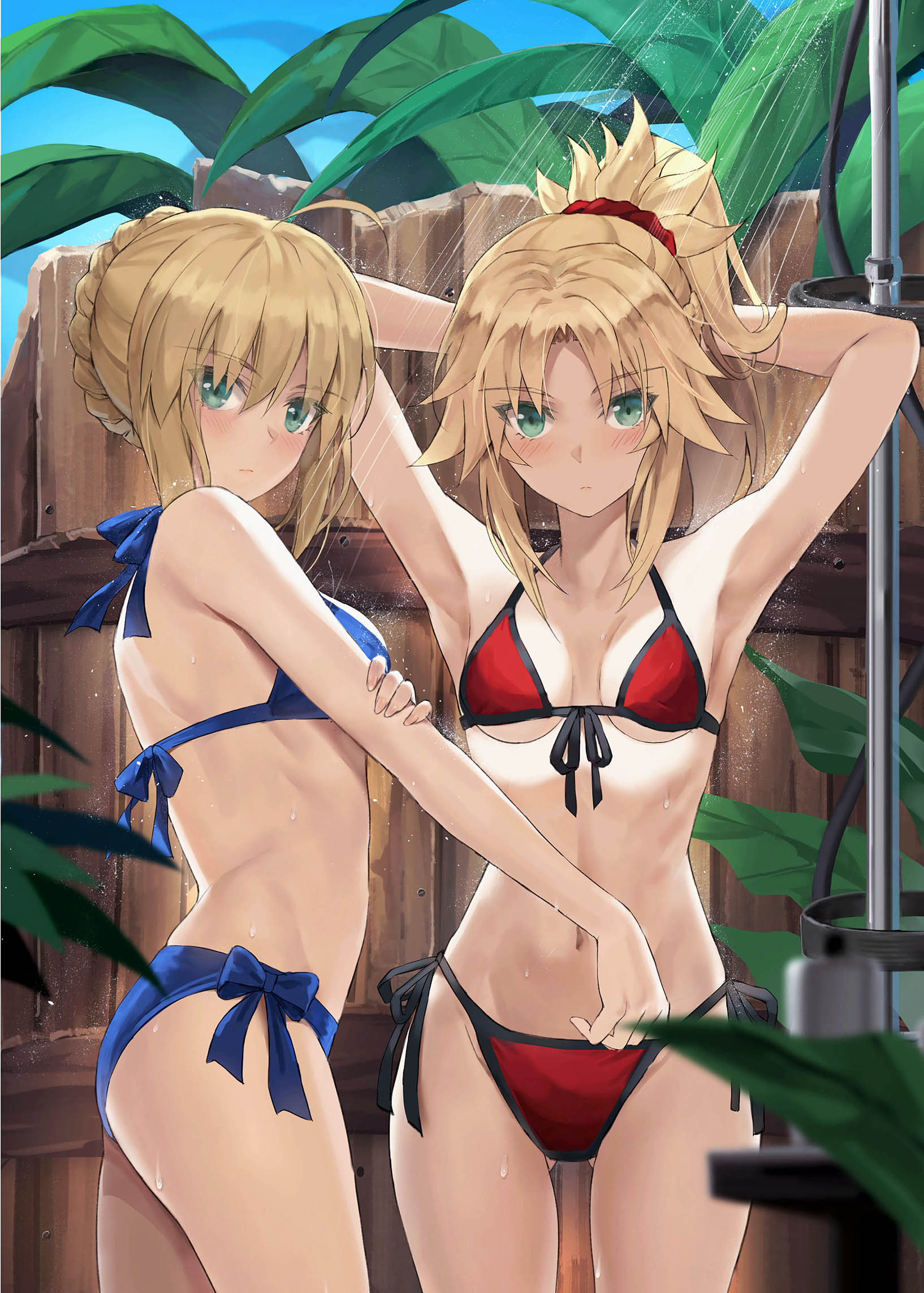 2girls armpits arms_behind_head arms_up artoria_pendragon_(fate) ass bare_shoulders bikini blonde_hair blue_bikini blush braid breasts closed_mouth commentary_request crown_braid eyes_visible_through_hair fate/grand_order fate/stay_night fate_(series) front-tie_bikini_top front-tie_top gluteal_fold green_eyes halterneck highres looking_at_viewer medium_hair mordred_(fate) mordred_(swimsuit_rider)_(fate) mordred_(swimsuit_rider)_(first_ascension)_(fate) mother_and_daughter multiple_girls navel official_alternate_costume outdoors ponytail presenting_armpit red_bikini saber_(fate) same-sex_bathing shared_bathing short_hair short_ponytail showering side-tie_bikini_bottom small_breasts standing stomach swimsuit thighs tonee underboob