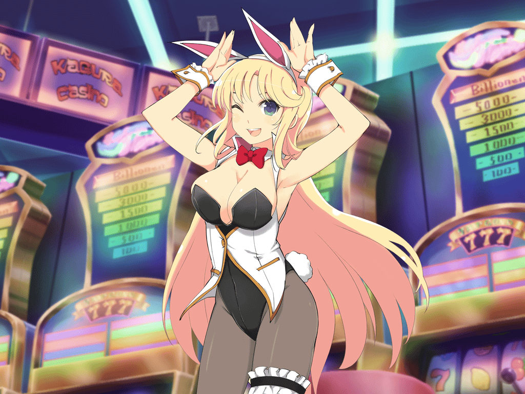 1girl :d animal_ears armpits black_hair black_leotard blonde_hair blush body_blush bow bowtie breasts casino fake_animal_ears fake_tail frilled_thigh_strap frilled_wrist_cuffs frills green_eyes groin indoors katsuragi_(senran_kagura) large_breasts leotard long_hair looking_at_viewer official_alternate_costume official_art one_eye_closed open_mouth pantyhose playboy_bunny rabbit_ears rabbit_tail red_bow red_bowtie senran_kagura senran_kagura_shoujo-tachi_no_shin&#039;ei shiny_skin slot_machine smile solo sweat tail tailcoat_playboy_bunny teeth thigh_strap traditional_bowtie upper_teeth_only very_sweaty white_wrist_cuffs wrist_cuffs yaegashi_nan