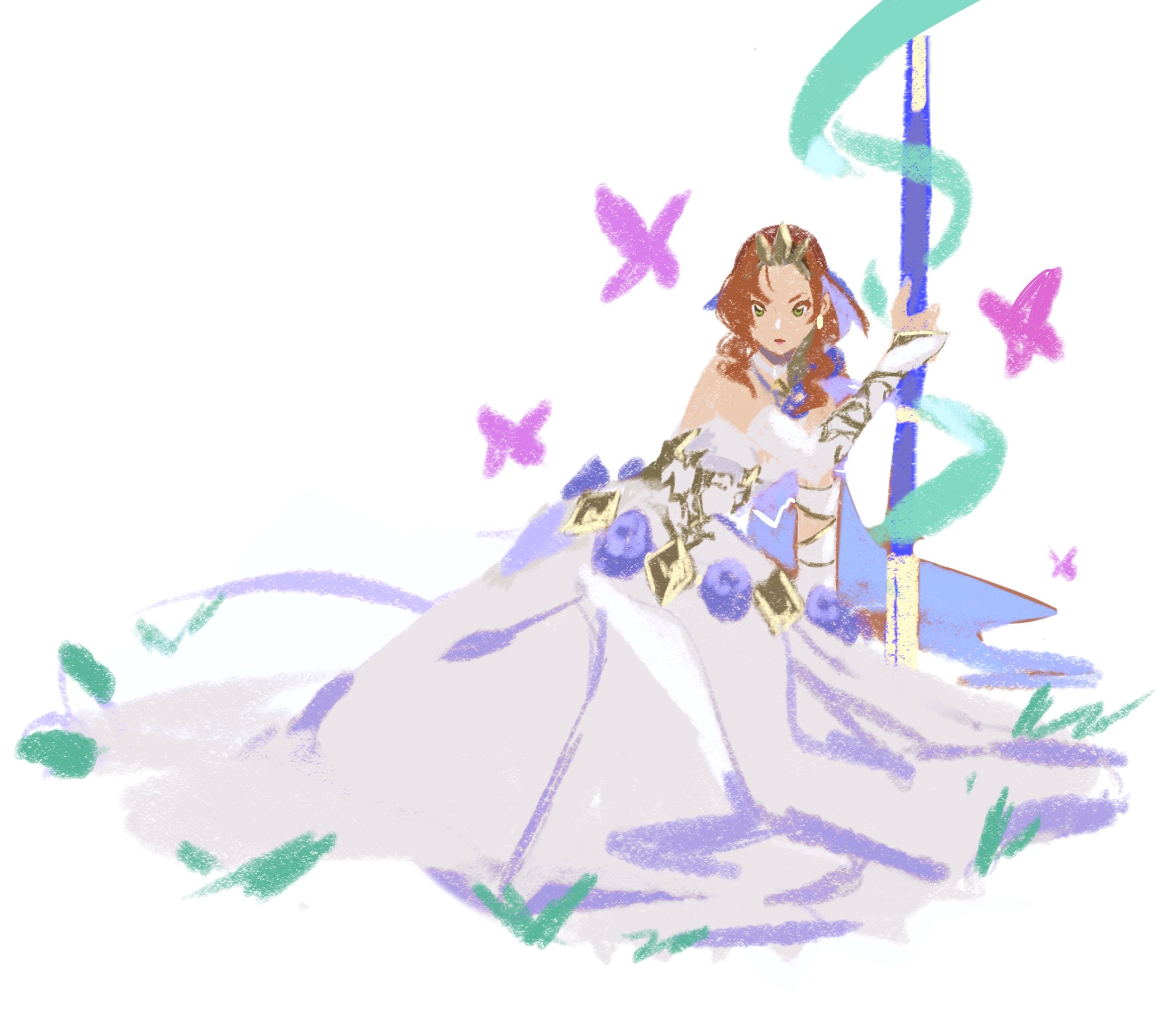 1girl aerith_gainsborough aerith_gainsborough_(prism_dress) blue_flower blue_ribbon blue_rose brown_hair detached_sleeves dress dress_flower final_fantasy final_fantasy_vii final_fantasy_vii_ever_crisis flower full_body gold_trim green_eyes hair_ribbon highres holding holding_staff lifestream long_dress mmariesr official_alternate_costume parted_bangs ribbon rose sidelocks sitting sketch solo staff tiara wavy_hair white_background white_dress white_sleeves