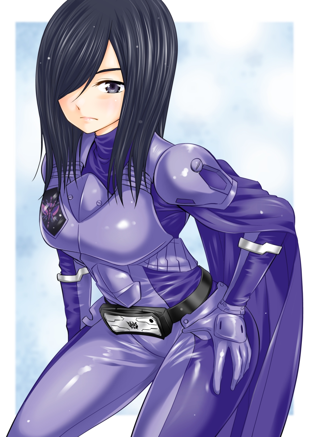1girl abe_tsukumo belt black_hair bodysuit hair_over_one_eye heterochromia highres kanisuka_rita no_headwear ohsama_sentai_king-ohger super_sentai