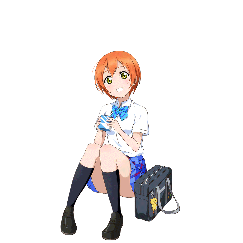 1girl anime_coloring bag bag_charm black_shoes black_socks blue_bow blue_bowtie blue_skirt blush bow bowtie cat charm_(object) diagonal-striped_bow diagonal-striped_bowtie diagonal-striped_clothes dress_shirt drink drinking_straw full_body grin hands_up holding holding_drink holding_juice_box hoshizora_rin juice_box kneehighs loafers looking_at_viewer love_live! love_live!_school_idol_festival love_live!_school_idol_project miniskirt official_art orange_hair otonokizaka_school_uniform pigeon-toed plaid_clothes plaid_skirt pleated_skirt school_bag school_uniform shirt shoes short_hair short_sleeves sitting skirt smile socks solo striped_clothes stuffed_animal stuffed_cat stuffed_toy summer_uniform transparent_background white_shirt yellow_eyes