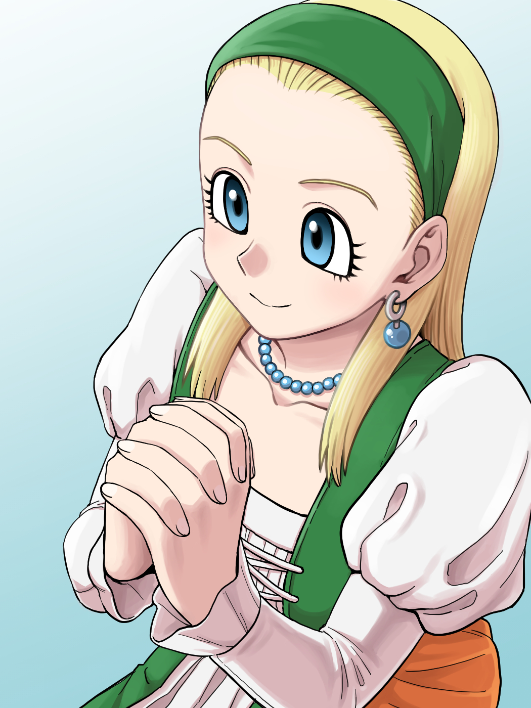 1girl bead_necklace beads blonde_hair blue_background blue_eyes collarbone commentary dragon_quest dragon_quest_xi dress earrings flat_chest from_above green_dress green_hairband hair_pulled_back hairband highres jewelry juliet_sleeves long_hair long_sleeves looking_ahead necklace nutkingcall orange_sash own_hands_clasped own_hands_together puffy_sleeves senya_(dq11) shirt shirt_under_dress smile solo sphere_earrings white_shirt