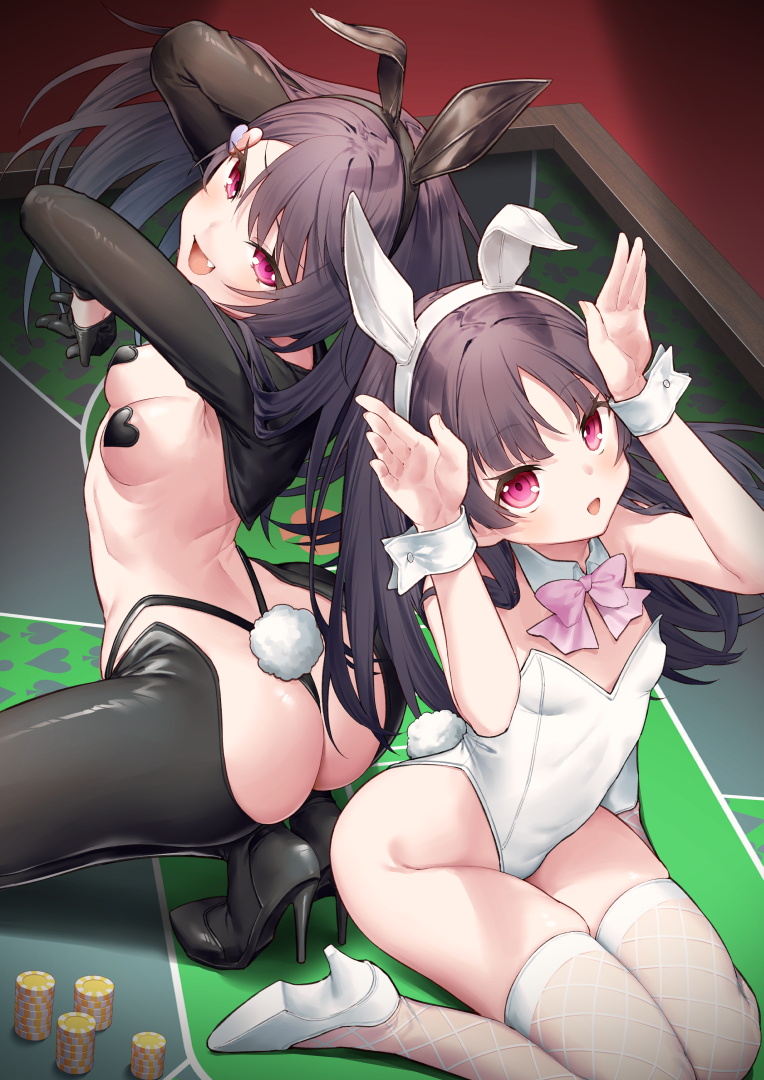 2girls animal_ears arms_up ass black_footwear black_gloves black_hair black_hairband black_panties bow breasts broken_heart broken_heart_hair_ornament collar commentary_request detached_collar fake_animal_ears fishnet_thighhighs fishnets gloves hair_between_eyes hair_ornament hairband half_gloves heart heart_hair_ornament heart_pasties high_heels leotard long_hair long_sleeves meme_attire multiple_girls munakata_hinano on_table original panties parted_bangs pasties pink_bow playboy_bunny poker_chip poker_table purple_eyes rabbit_ears rabbit_pose rabbit_tail reverse_bunnysuit reverse_outfit shoes shrug_(clothing) skindentation small_breasts strapless strapless_leotard table tail thighhighs tokuno_yuika underwear very_long_hair white_collar white_footwear white_hairband white_leotard white_thighhighs wrist_cuffs