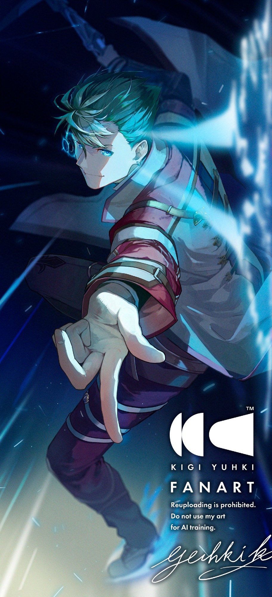 1boy artist_name blue_eyes blue_pupils blurry blurry_background casting_spell commentary_request eiyuu_densetsu green_hair highres kai_no_kiseki kevin_graham kuro_no_kiseki_(series) looking_at_viewer male_focus short_hair signature solo spiked_hair yuhki_k