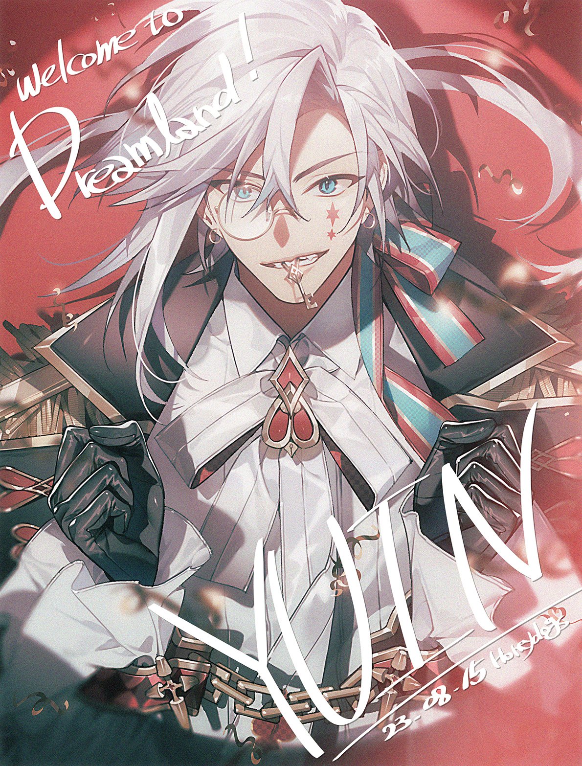 1boy aqua_eyes aqua_ribbon black_cape black_gloves bow bowtie brooch cape chain chained character_name collared_shirt copyright_name cuffs curtained_hair dated earrings epaulettes facial_mark frilled_sleeves frills gloves hair_between_eyes hair_ribbon highres honey_dogs jewelry key korean_commentary long_hair looking_at_viewer male_focus monocle mouth_hold red_background red_ribbon ribbon shadow shirt side_part single_sidelock solo star_(symbol) star_facial_mark straight-on streamers striped_ribbon teeth upper_body v-shaped_eyebrows very_long_hair welcome_to_dreamland white_bow white_bowtie white_hair white_shirt yuin_(welcome_to_dreamland)