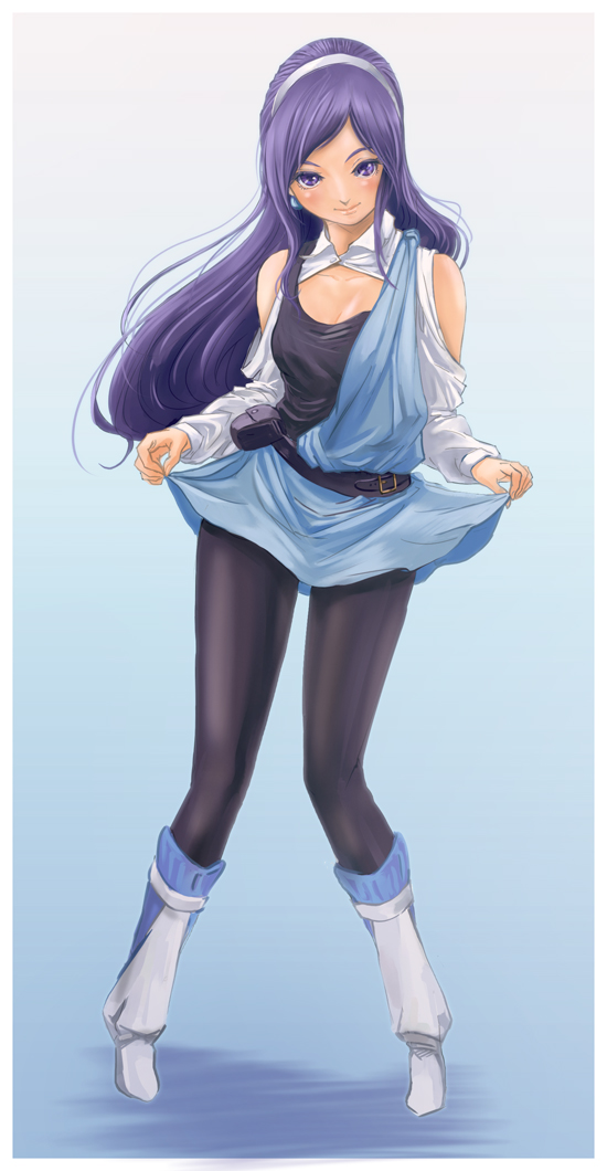 1girl aono_miki bag belt black_bodysuit blush bodysuit boots breasts cleavage cosplay earrings female_focus fresh_precure! goru_(cure_golgom) gundam gundam_zz hairband jewelry lips long_hair medium_breasts precure purple_eyes purple_hair roux_louka roux_louka_(cosplay) smile solo spandex toga