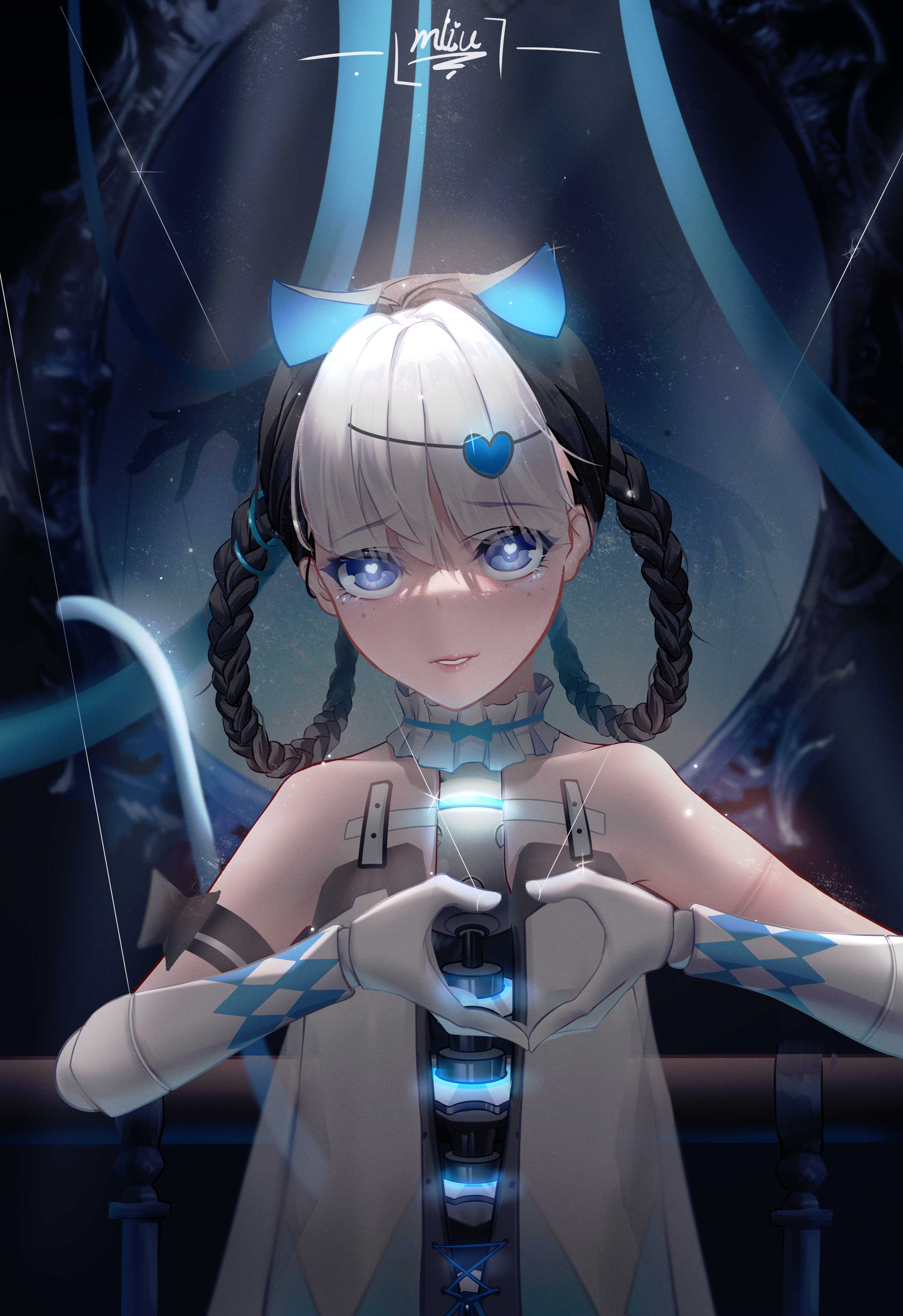 1girl absurdres animal_ears bambinata_(pgr) bare_shoulders black_hair blue_eyes braid braided_hair_rings cat_ears chinese_commentary commentary_request detached_collar dress hair_ornament hair_rings heart heart-shaped_pupils heart_hair_ornament heart_hands highres marionette mechanical_arms multicolored_hair punishing:_gray_raven puppet puppet_strings smll233 solo symbol-shaped_pupils two-tone_hair white_dress white_hair