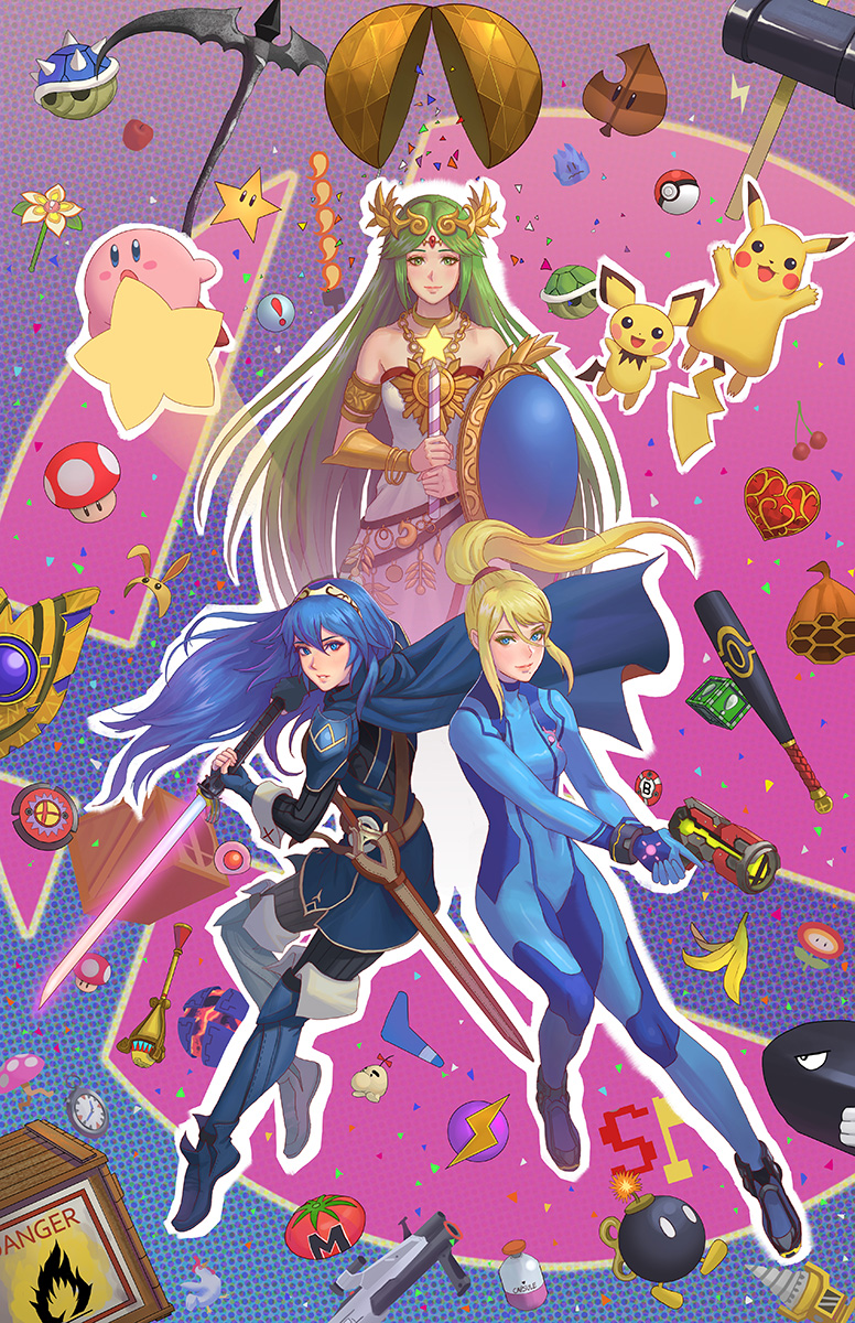 !_block 1up 3girls apple armlet banana_peel baseball_bat beamsword blonde_hair blue_eyes blue_hair blue_shell_(mario) bob-omb bodysuit bomb boomerang box bracer bullet_bill cape cherry commentary confetti cucco doseisan dress drill energy_gun energy_sword explosive fire_emblem fire_emblem_awakening fire_flower food fruit gen_1_pokemon gen_2_pokemon green_eyes green_hair heart highres jewelry kid_icarus kid_icarus_uprising kirby kirby_(series) lightsaber long_hair looking_at_viewer lucina_(fire_emblem) mario_(series) maxim_tomato metroid mother_(series) multiple_girls nintendo palutena pichu pikachu poke_ball pokemon pokemon_(creature) ponytail ray_gun samus_aran scabbard scythe sheath spiked_shell star_rod super_smash_bros. super_star_(mario) sword the_legend_of_zelda tiara turtle_shell very_long_hair warp_star weapon yagaminoue zero_suit