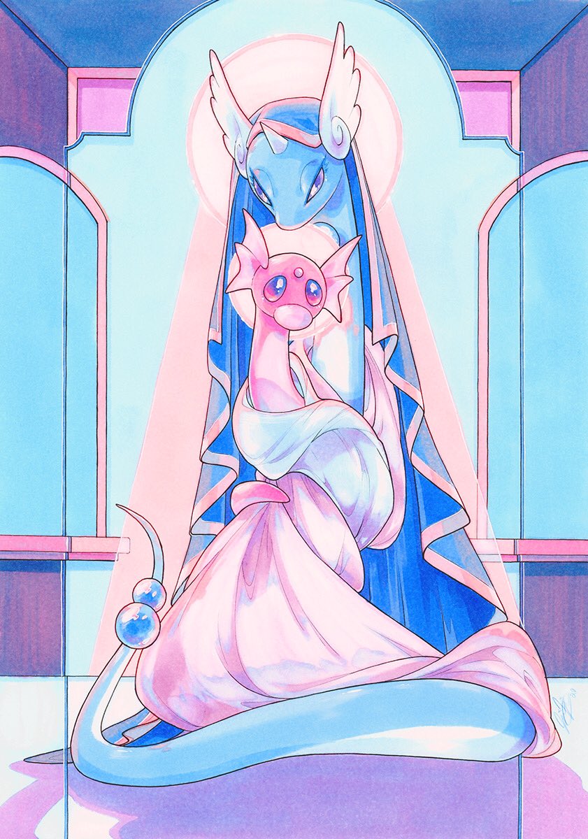 alternate_color animal_focus bead_tail_ornament blue_eyes blue_veil christianity dragon dragonair dratini evolutionary_line fine_art_parody fleebites forehead_jewel gen_1_pokemon gold_trim halo highres horns light_rays nintendo no_humans parody pastel_colors pink_eyes pink_robe pokemon pokemon_(creature) pokemon_focus robe shiny_pokemon single_horn sunbeam sunlight veil white_halo white_robe window wing_ears