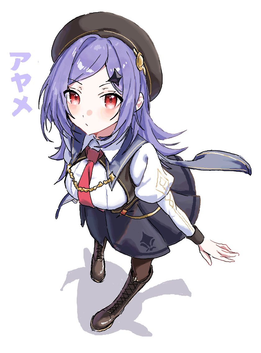 1girl beret black_hat black_skirt black_vest boots breasts brown_boots brown_pantyhose character_name commentary framed_breasts full_body hat iris_(stella_sora) knee_boots long_hair looking_at_viewer medium_breasts miniskirt necktie npoyonpoyon paint_chat_(medium) pantyhose parted_bangs pleated_skirt purple_hair red_eyes red_necktie shadow side_part simple_background skirt solo sparkle_hair_ornament stella_sora translated vest white_background