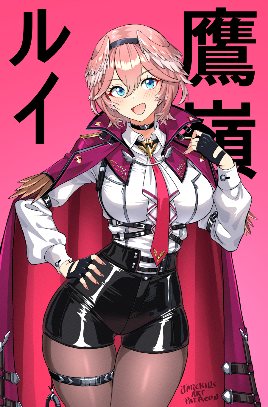 arm_strap artist_name black_pantyhose blue_eyes blush breasts cape collared_shirt fingerless_gloves gloves hand_on_own_hip high-waist_shorts highres hololive jarckius latex_shorts looking_at_viewer open_mouth pantyhose pink_cape pink_hair shirt shorts smile solo standing takane_lui thigh_strap thighs tight_clothes tongue virtual_youtuber