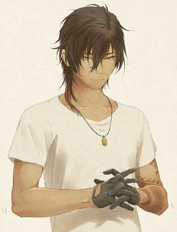 1boy arm_tattoo black_gloves black_hair brown_hair closed_mouth dark-skinned_male dark_skin dragon_tattoo gloves jewelry leuco looking_down male_focus multicolored_hair necklace ookurikara orange_eyes shirt simple_background solo tattoo touken_ranbu two-tone_hair upper_body white_shirt