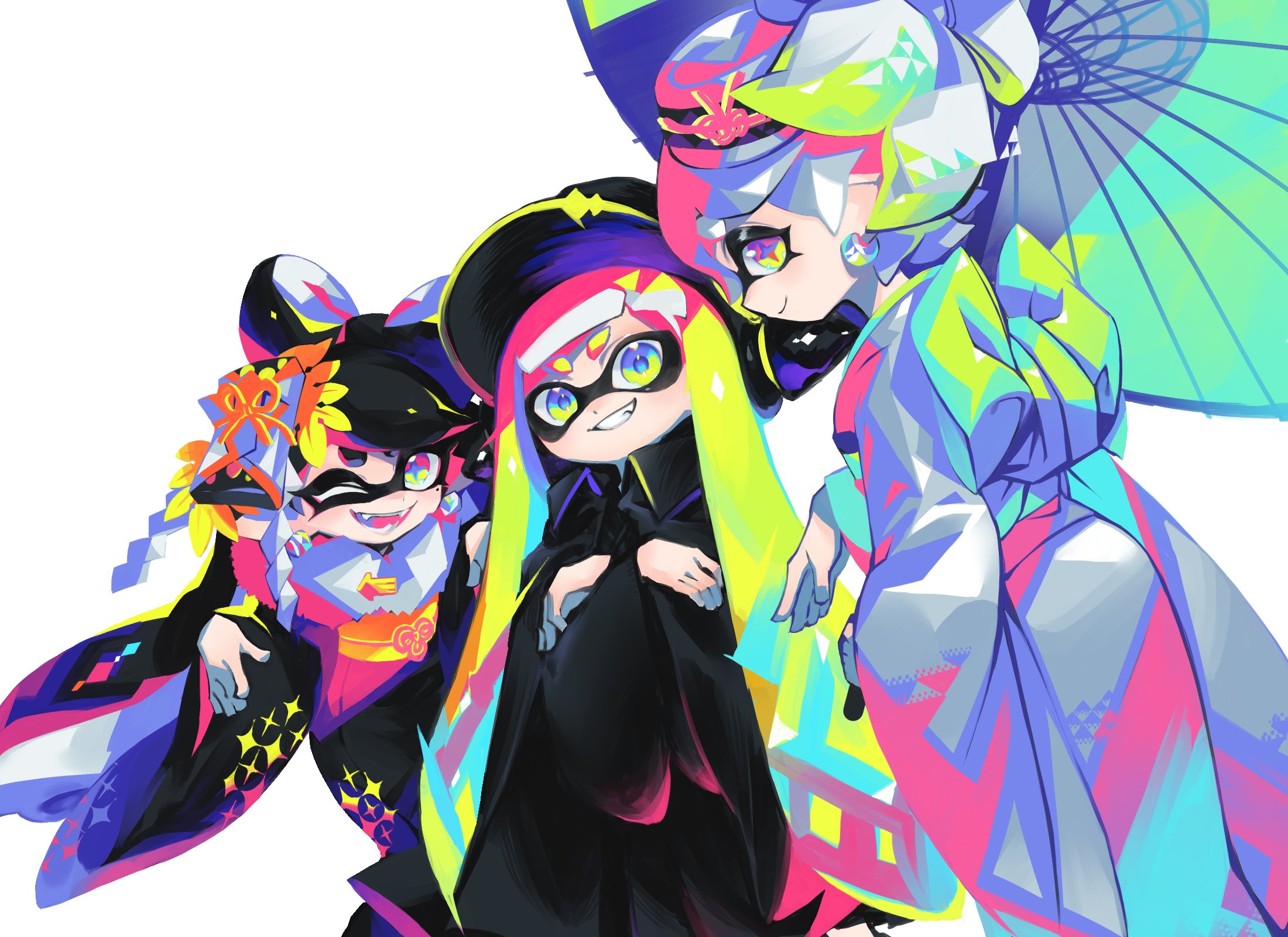 +_+ 3girls agent_3_(splatoon) aramaki_spla black_hair black_headwear black_kimono blunt_bangs callie_(splatoon) captain_3_(splatoon) chromatic_aberration closed_mouth commentary cousins fang fangs fur_scarf furisode green_hair grey_hair grey_kimono grin hair_ornament headgear helmet highres holding holding_umbrella inkling inkling_girl inkling_player_character japanese_clothes kimono leaning_forward leg_hold long_hair long_sleeves looking_at_viewer marie_(splatoon) multicolored_hair multiple_girls nintendo obi oil-paper_umbrella one_eye_closed open_mouth pink_hair pointy_ears print_kimono sash short_hair simple_background sitting smile splatoon_(series) standing star-shaped_pupils star_(symbol) swept_bangs symbol-shaped_pupils tentacle_hair umbrella white_background wide_sleeves