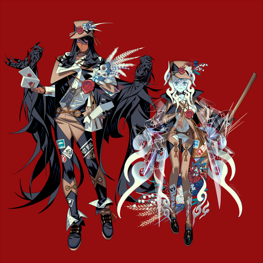 1boy 1girl black_hair black_jacket black_wings blue_eyes blue_skin boots bouquet chaps claws coat colored_skin commentary_request cropped_jacket dark-skinned_male dark_skin edarow envelope extra_arms extra_eyes feathered_wings flower full_body holding holding_bouquet holding_envelope jacket long_hair looking_at_viewer mailman original red_background red_eyes see-through_clothes see-through_coat simple_background standing third_eye very_long_hair wax_seal white_hair winged_arms wings