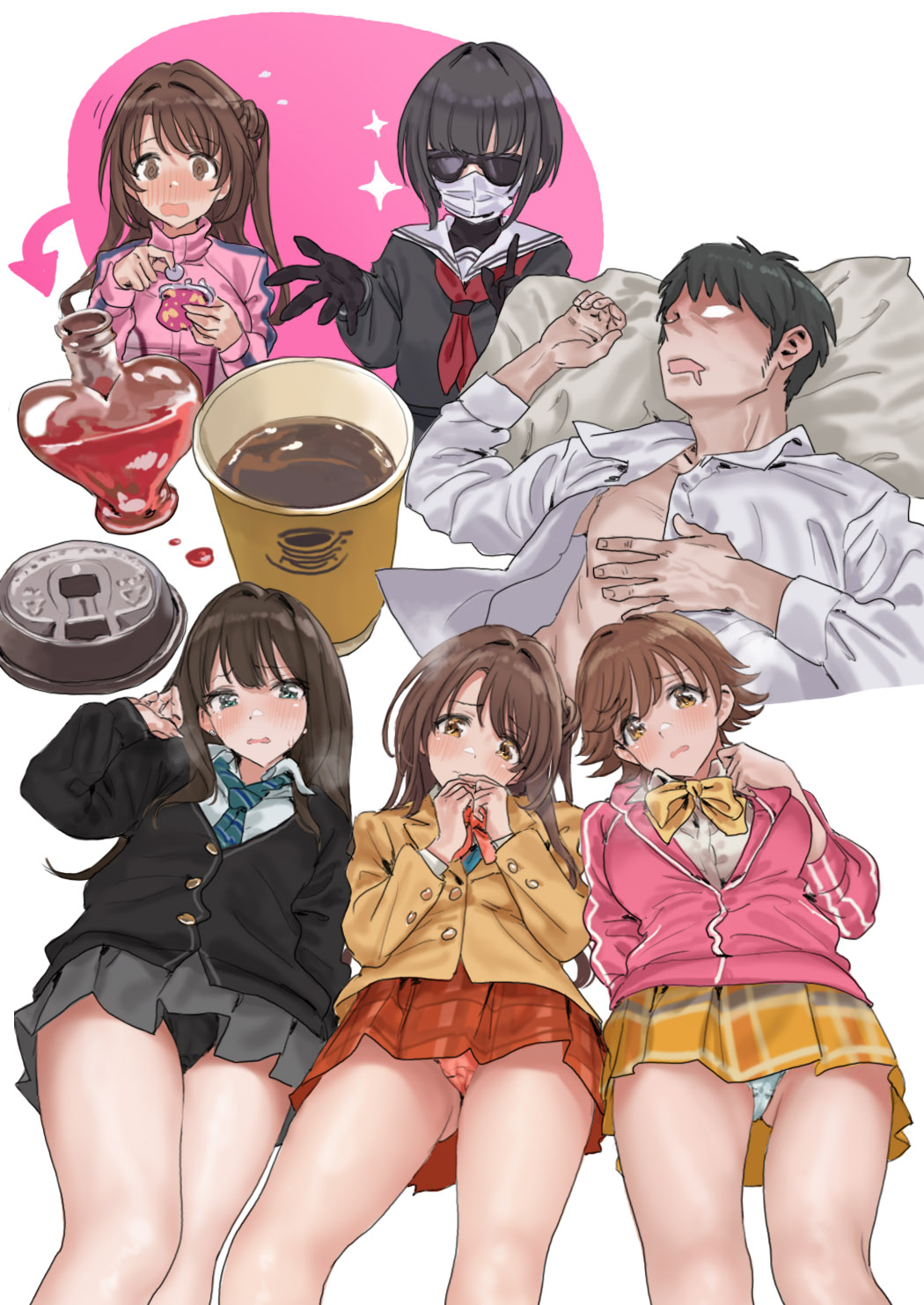 1boy 4girls bare_legs blank_eyes blazer blush coffee drooling feet_out_of_frame hamedoragon highres honda_mio idolmaster idolmaster_cinderella_girls jacket looking_at_another lying mask mouth_drool mouth_mask multiple_girls new_generations_(idolmaster) on_back open_clothes open_shirt panties pantyshot plaid_clothes plaid_skirt pleated_skirt school_uniform shibuya_rin shimamura_uzuki shirayuki_chiyo simple_background skirt sunglasses sweatdrop track_jacket underwear white_background