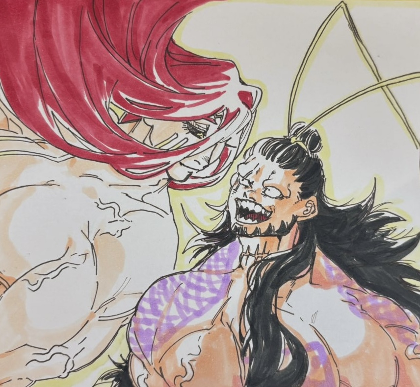 2boys abs arm_tattoo bara beard black_hair black_sclera cheek_tattoo chest_tattoo colored_sclera constricted_pupils facial_hair facial_tattoo forehead_tattoo goatee gold_ribbon gold_tattoo greyscale hair_bun hair_ribbon huge_pectorals large_pectorals long_hair lu_bu_(shuumatsu_no_valkyrie) male_focus monochrome multiple_boys muscular muscular_male nanako_nuchitsu open_mouth pectorals red_eyes red_hair ribbon scar scar_across_eye scar_on_face scar_on_neck sharp_teeth shoulder_tattoo shuumatsu_no_valkyrie smile tattoo teeth thor_(shuumatsu_no_valkyrie) toned toned_male topknot uneven_eyes upper_body veins veiny_arms very_long_hair white_background yellow_eyes