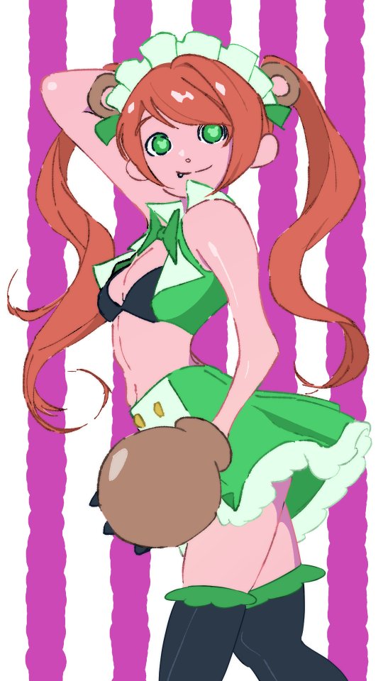 1girl animal_ears animal_hands arm_behind_head arm_up bear_ears bear_girl bear_paws black_thighhighs bow breasts cleavage commentary_request crop_top gloves green_bow green_eyes green_skirt long_hair looking_at_viewer maid_headdress navel orange_hair paw_gloves sando_no_meshi skirt small_breasts smile solo standing striped_background thighhighs tongue tongue_out twintails yuri_kuma_arashi yurigasaki_lulu