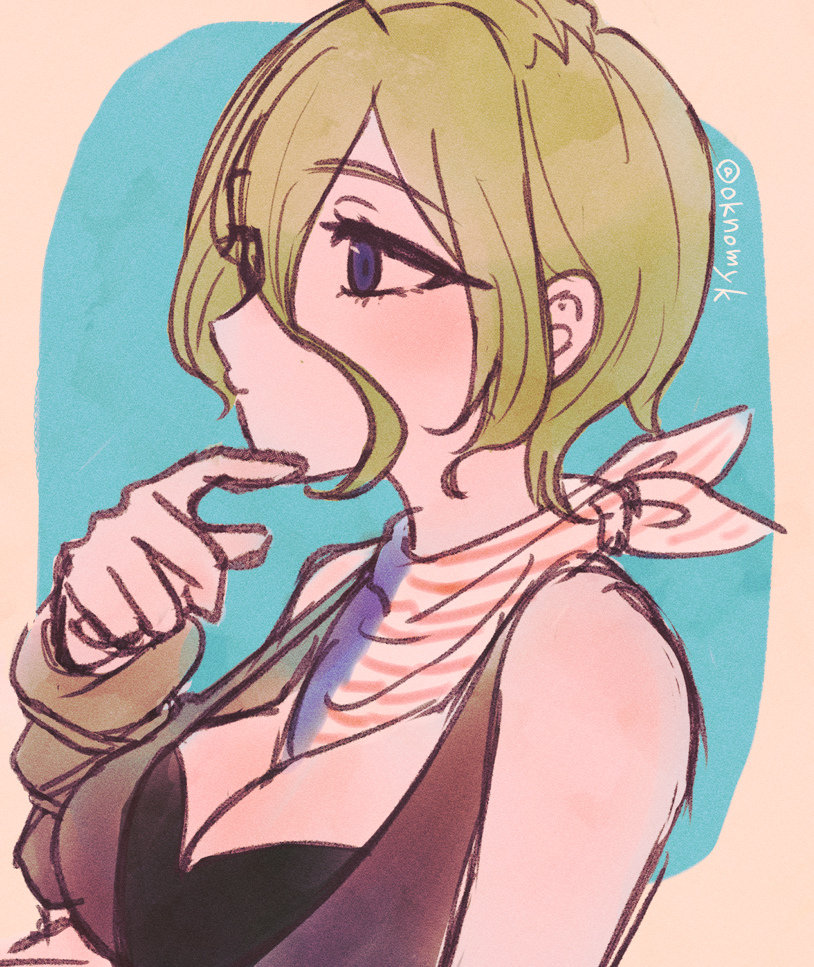 1girl alternate_hairstyle american_flag bandana bandana_around_neck black_bra blue_eyes bra breasts cleavage detached_sleeves finger_to_own_chin green_hair halterneck highres kimi_no_koto_ga_dai_dai_dai_dai_daisuki_na_100-nin_no_kanojo large_breasts medium_hair oknomyk solo thinking twitter_username underwear upper_body yamato_nadeshiko_(hyakkano)
