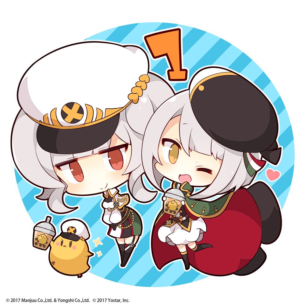 2girls azur_lane beret bird bubble_tea cape chibi chick commentary_request conte_di_cavour_(azur_lane) food giulio_cesare_(azur_lane) grey_hair hat headgear italian_flag manjuu_(azur_lane) military multiple_girls muuran official_art red_eyes short_hair yellow_eyes