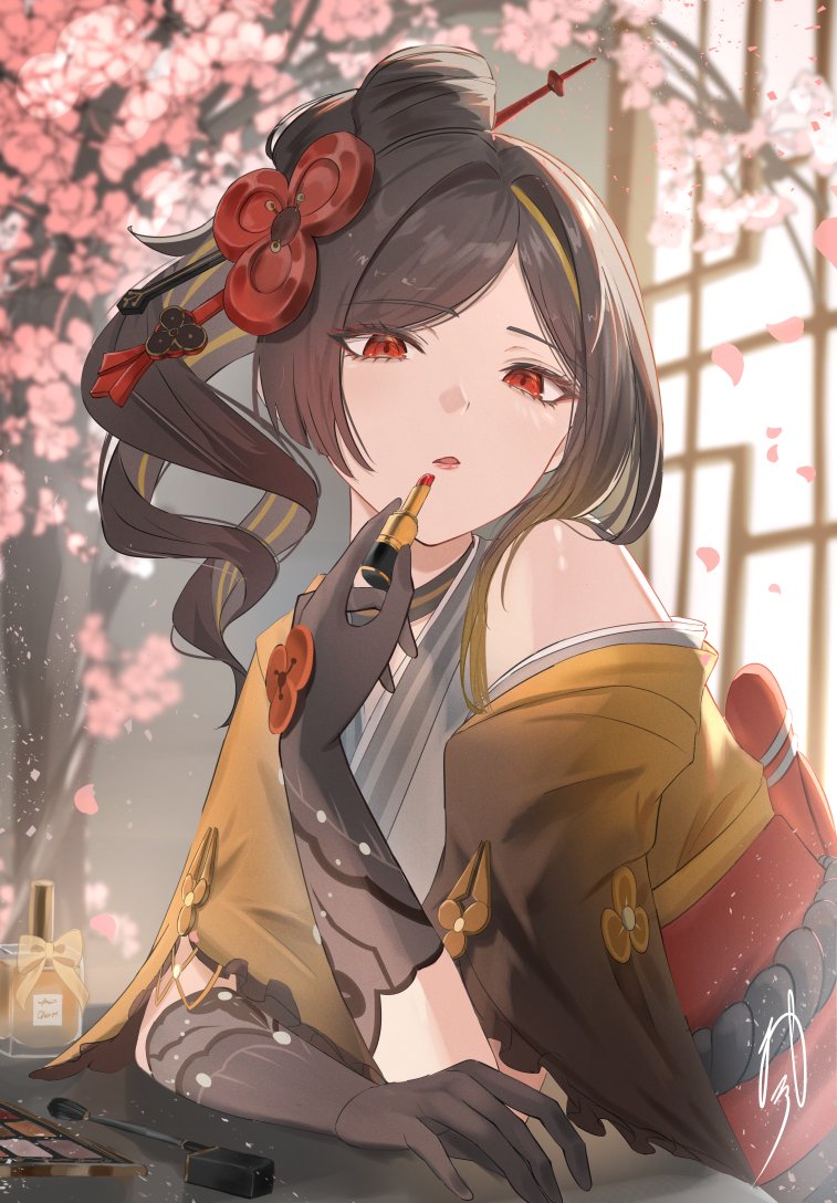 1girl applying_lipstick applying_makeup bare_shoulders black_gloves blonde_hair brown_hair cherry_blossoms chiori_(genshin_impact) commentary cosmetics english_commentary falling_petals genshin_impact gloves grey_kimono hair_ornament hair_stick hand_up holding holding_lipstick_tube japanese_clothes kimono lipstick_tube long_hair looking_at_viewer makeup_brush multicolored_hair nail_polish_bottle oiro_ik parted_lips petals red_eyes signature solo streaked_hair